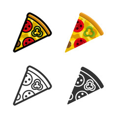 Pizza vector cartoon, colored, contour and silhouette styles icon set. Tasty fast food unhealthy meal. Isolated dishes on white background.