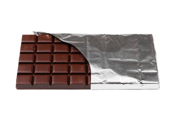 chocolate bars with aluminum foil isolated on white background
