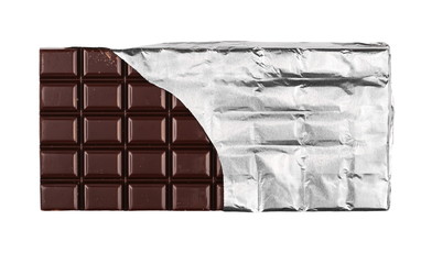 chocolate bars with aluminum foil isolated on white background