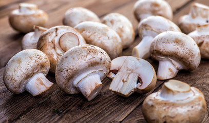 Mushrooms on a wooden table.