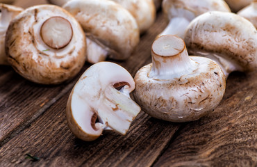 Mushrooms on a wooden table.