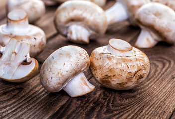 Mushrooms on a wooden table.
