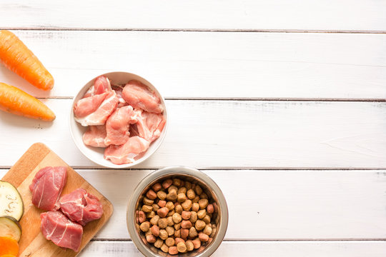 Ingredients For Pet Food Holistic Top View On Wooden Background