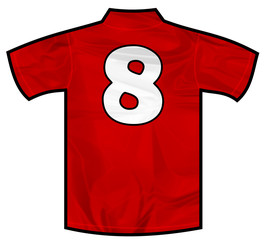 Naklejka premium Number 8 eight red sport shirt as a soccer,hockey,basket,rugby, baseball, volley or football team t-shirt. Like Spain or England or Russia national team