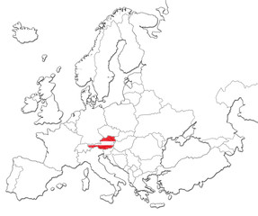 The national Austria flag in the map of Europe isolated on white background.