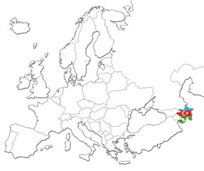 The national Azerbaijan flag in the map of Europe isolated on white background.