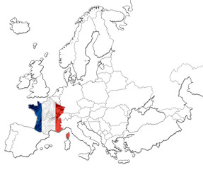The national France flag in the map of Europe isolated on white background.