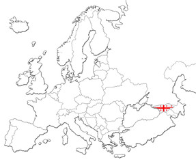 The national Georgia flag in the map of Europe isolated on white background.