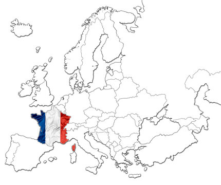 The national France flag in the map of Europe isolated on white background.