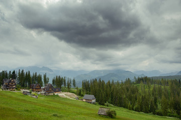Summer landscape with huts