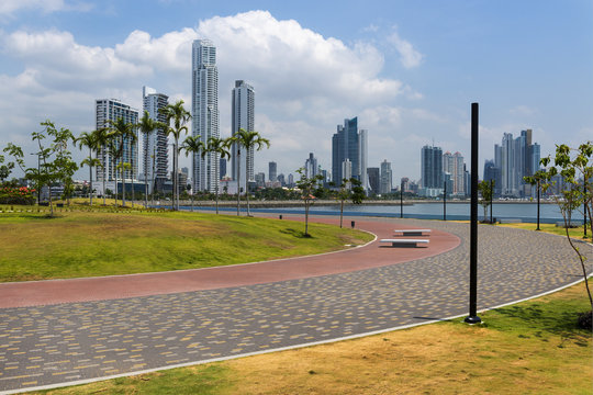 View of the financial district in downtown City of Panama, Panama, with a park and Palm Trees; Concept for travel in Panama