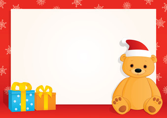 Vector Christmas blank banner with a red frame, snowflakes, gifts and a brown teddy bear wearing Santa hat. Place for text on a white background. Horizontal format A3/A4.