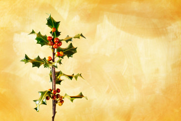 Holly branch with berries over gold hand painted background