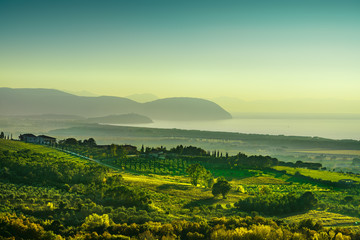 Maremma panorama. Countryside, sea and Elba. Tuscany Italy