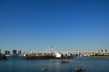 Obraz premium 東京湾のレインボーブリッジと東京タワー