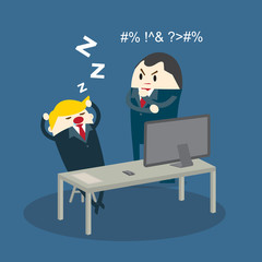 Boss looking with regret on a sleeping business man sitting at his desk. Flat style color modern vector illustration.