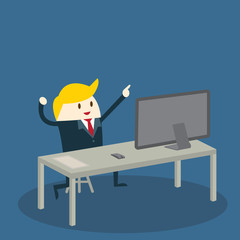 Business man suit working on a laptop computer at his clean and sleek office desk. Flat style color modern vector illustration.