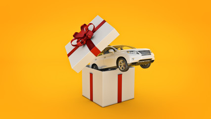 car SUV coupe. Gift box concept. 3D rendering