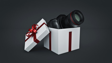 Photo camera in gift box, Gift box concept. 3d rendering