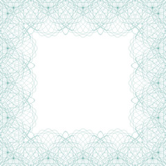 Square border frame, abstract guilloche lace contour on white (transparent) background. Vector illustration for invitations, banknotes, diplomas, certificates, tickets and other papers security design
