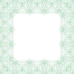 Square border frame, abstract guilloche lace contour on white (transparent) background. Vector illustration for invitations, banknotes, diplomas, certificates, tickets and other papers security design