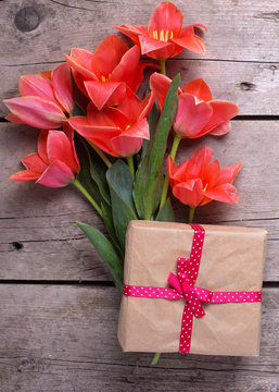 Bunch of coral tulips and wrapped box with present  on vintage