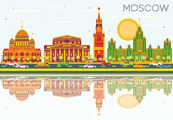 Fototapeta premium Moscow Skyline with Color Buildings, Blue Sky and Reflections.