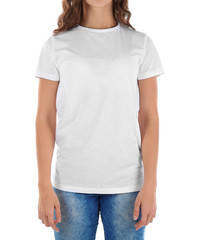 Young woman in blank t-shirt on white background, close up