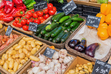 stall display of a farmers market in the Provence