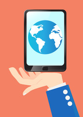 Fototapeta premium Business hold Earth and technology in tablet