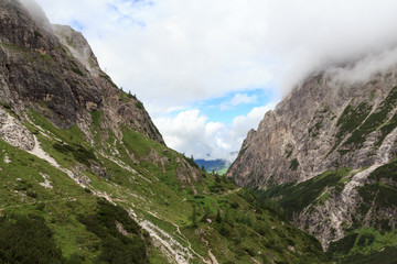 Fototapeta na wymiar Valley Fischleintal and mountains in Sexten Dolomites, South Tyrol, Italy