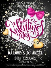 Vector happy valentines day party poster with lettering, paper heart shapes, ribbon bow, golden hearts on shiny background