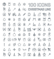 Christmas and New Year line web 100 icons set on white backgroun