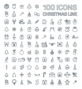 Christmas and New Year line web 100 icons set on white backgroun