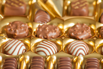 lot of variety chocolate pralines on wood background