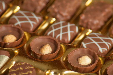 lot of variety chocolate pralines on wood background