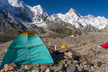Camp site at Goro II with Masherbrum peak, K2 trek, Pakistan
