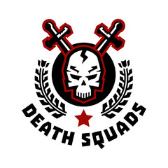 Logo death squad. Swords cross. Skull and wreath. Vector illustration. Flat style