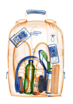 Backpacking under xray on security control. 3D illustration.
