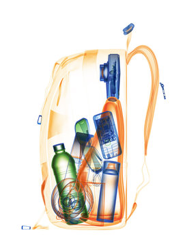 Backpacking under xray on security control. 3D illustration.