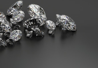 Realistic group of diamonds placed on black background, 3D illustration.