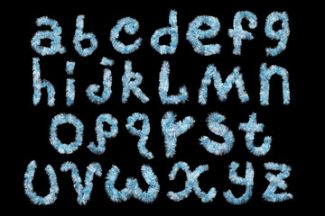 Festive alphabet made of  blue tinsel on a black background. Isolated