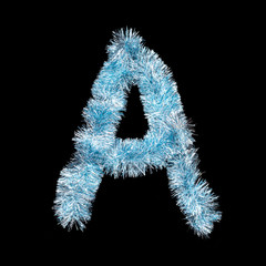 Festive alphabet made of blue tinsel. Letter A on black background. Isolated