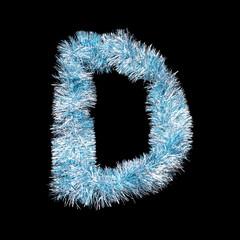 Festive alphabet made of blue tinsel. Letter D on black background. Isolated