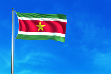 Fototapeta na wymiar Flag of Suriname on the blue sky background. 3D illustration