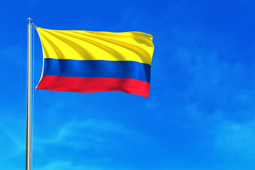 Fototapeta na wymiar Flag of Colombiaon the blue sky background. 3D illustration