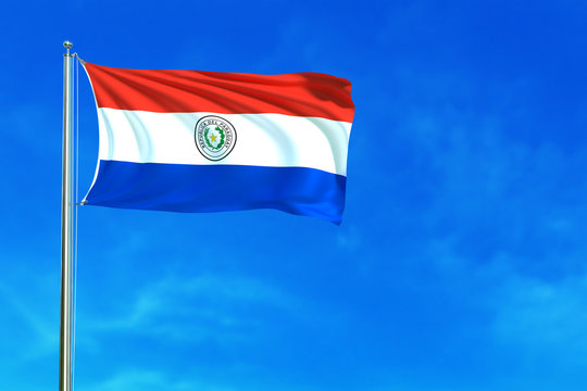 Flag of Paraguay on the blue sky background. 3D illustration