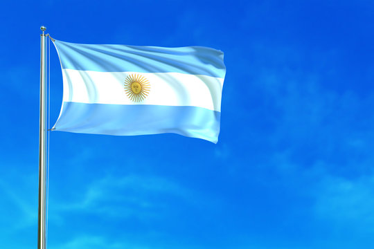 Argentina flag on the blue sky background. 3D illustration
