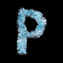 Festive alphabet made of blue tinsel. Letter P on black background. Isolated