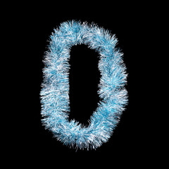 Festive alphabet made of blue tinsel. Letter O on black background. Isolated